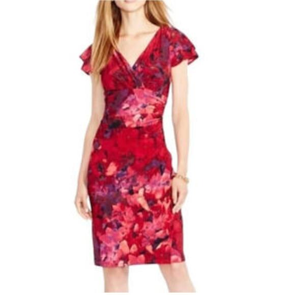 Lauren Ralph Lauren Vintage red floral dress size 8 flutter sleeves‎ faux wrap - Picture 1 of 8